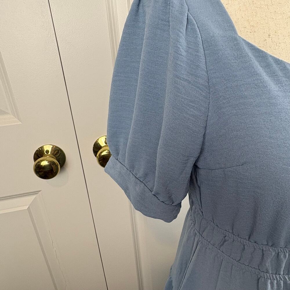 Monteau Blue Knee Length Dress Puff Sleeve Tiered Sweetheart Cottagecore S NWOT - Picture 2 of 7